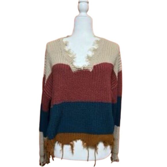 Derek Heart Colorblock Distressed Cropped  VNeck Sweater, L - Picture 1 of 16